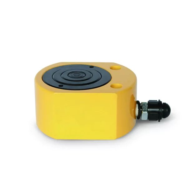 Compact yellow ultrasonic sensor on a Low Height Pad Jack with a white background.