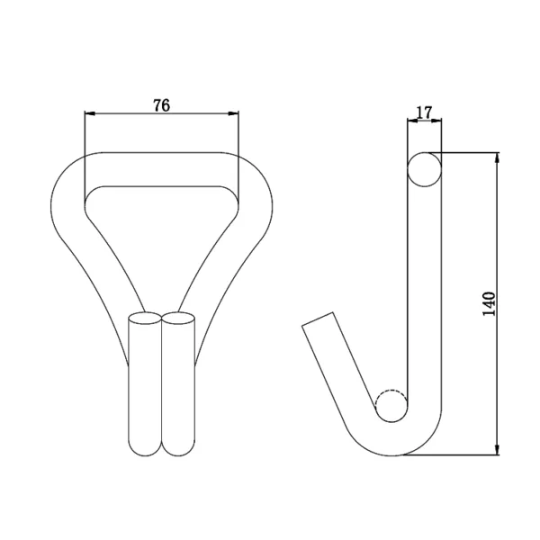 Technical drawing of a 3'' 10T Double J Hook with dimensions.