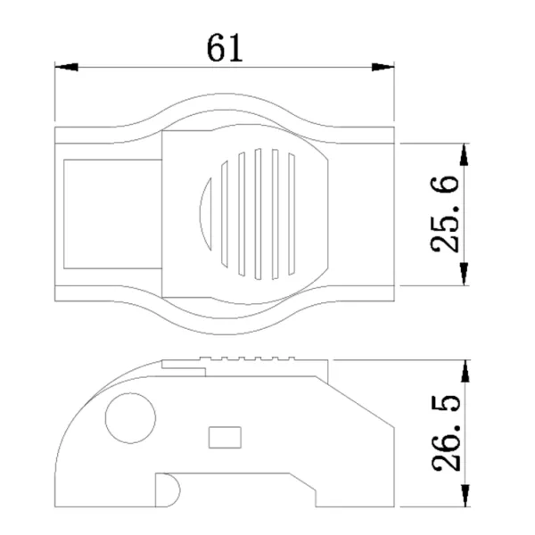 1 '' 700kg Cam Buckle ከመለኪያዎች ጋር የቴክኒካል ስዕል; ከፍተኛ እይታ እና የጎን መገለጫ ተካትቷል።