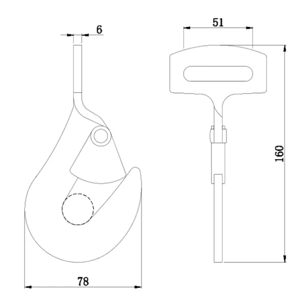 Technical drawing of a 2 '' 5T Twisted Snap Hook with measurement annotations indicating dimensions in millimeters.