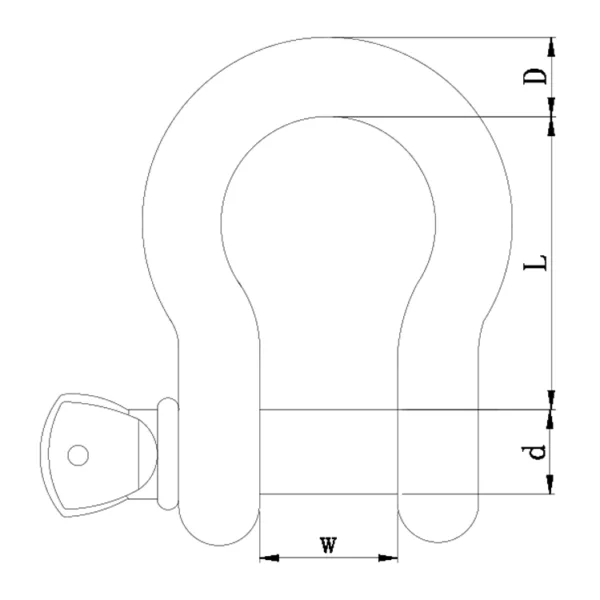 Screw PIN AS2741 کے ساتھ گریڈ S Dee Shackle کی تکنیکی ڈرائنگ جس میں لیبل لگے ہوئے ابعاد ہیں: چوڑائی (w)، لمبائی (l) اور قطر (d)۔