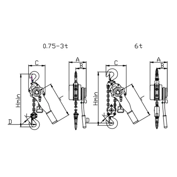 የZHL-C Manual Lever Hoist ሥዕላዊ መግለጫ፣ የሜካኒካል ሰንሰለት እና የመለኪያዎች መለያዎች ያሉት sprocket ስርዓትን ጨምሮ።