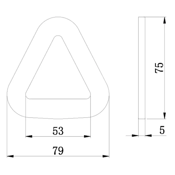 Technical drawing of a three-dimensional 2'' 5T Metal Delta Ring with labeled measurements in millimeters.