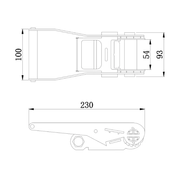 Technical drawing of a mechanical component with dimension annotations in millimeters, featuring a Long Wide Handle Ratchet, 2", 3T, Stainless Steel.