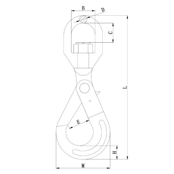 Technical drawing of a G100 swivel self-locking safety hook with labeled parts and dimensions.