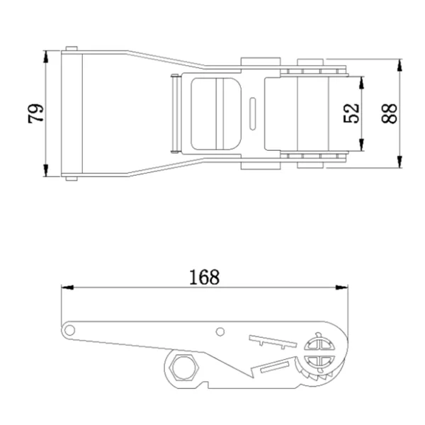 Technical drawing of a side and top view of a Short Handle Ratchet Buckle, 2'', 5T with dimension markings in millimeters.