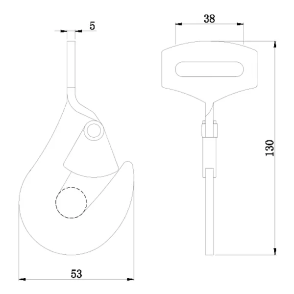 Technical drawings of a 1.5'' 1.5T Twisted Snap Hook with dimensions in millimeters.