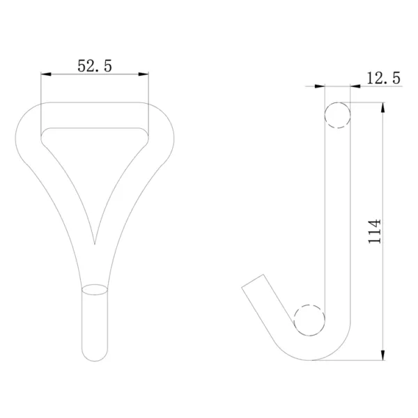 Disegno tecnico di un componente del gancio a J singolo 3T da 2'' con annotazioni dimensionali.