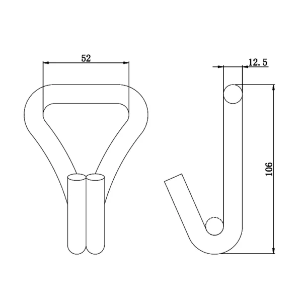 Dibujo técnico de un gancho doble J de 2'' 5T de largo con dimensiones.