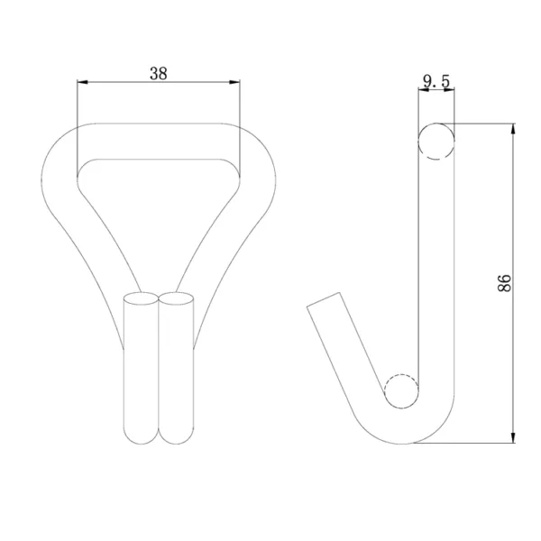 Gambar teknik benda logam berbentuk wishbone dengan dimensi dalam milimeter dan Double J Hook 1,5'' 3T.