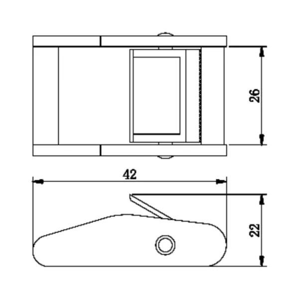 Technical drawing of a 1'' Cam Buckle with dimension annotations: 26 units tall, 42 units wide, and 22 units at the base depth.