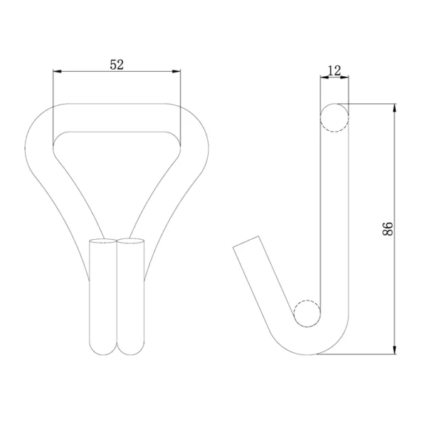 Technical drawing of a 2'' 5T Standard Double J Hook with dimensional annotations.