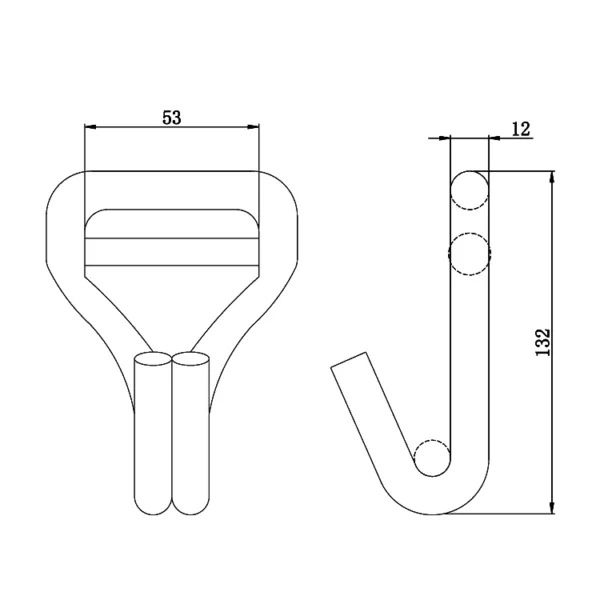 Technical drawing of a 2'' 5T Welded Double J Hook with dimensions labeled in millimeters.