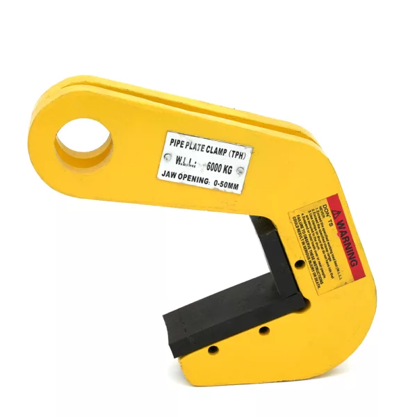 Yellow Plate Lifting Clamp Horizontal with 6000 kg capacity and jaw opening of 0-50mm against a white background.