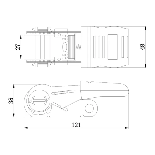 Technical drawing of an electronic device with dimension annotations and a 1'' Rubber Handle Ratchet Buckle, 680kg Breaking Load Capacity.