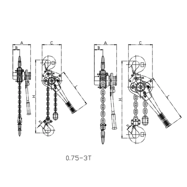 Technical schematic of a ZHL-D Lever Chain Hoist with multiple views and dimensions.