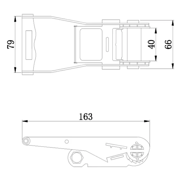 Technical drawing of a Wide Rubber Handle Ratchet Buckle, 1.5”, 3T with dimensions 79 mm by 66 mm, and side view of length 163 mm.