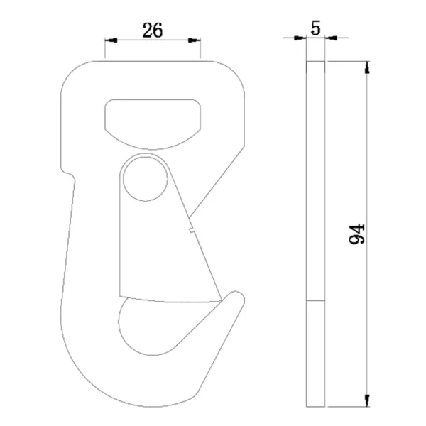 Technical drawing of a 1'' 1.5T Conversion Snap Hook with dimension annotations.