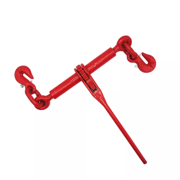 Red ratchet Ratchet Load Binder with Grab Hook and Pins, EN2195-3 Standard tool with two hooks on a white background.