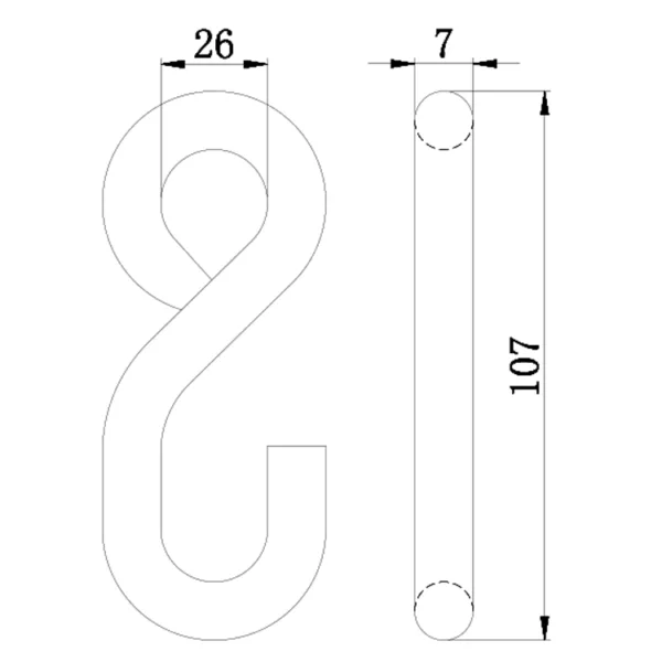 Technical drawing of a numeral "8" with dimensions 26 units tall and a numeral "1" that is 10 units tall and 7 units wide at the top feature, including a 1'' 500kg Galv. S Hook