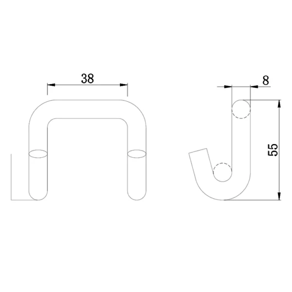 Desenho técnico de uma curva de tubo Claw U Hook de 1,5'' 3T com anotações de dimensão.