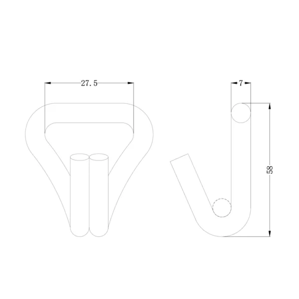 Technical drawing of a 1'' 1.5T Double J Hook for Lifting with dimension annotations.