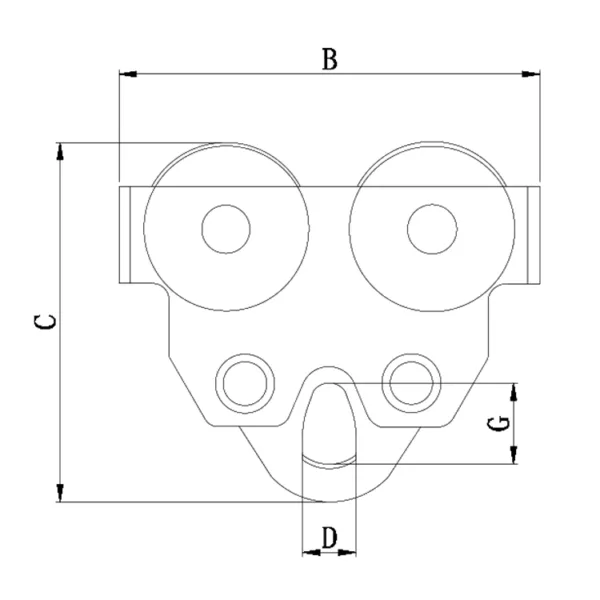 Dibujo técnico de un carro simple tipo DB para vigas en I, varias capacidades disponibles con etiquetas de dimensiones.