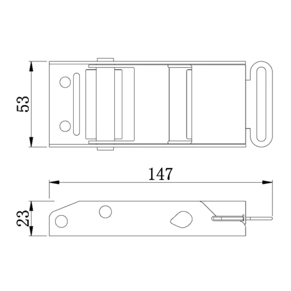 Technical drawing of a Stainless Steel Overcenter Buckle, 2'', 800kg with dimensions 147mm in length and 53mm in height.