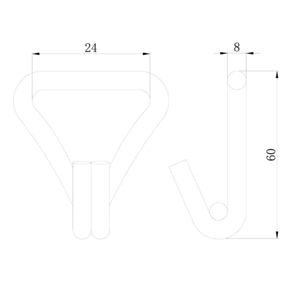 Technical drawing of a 1'' 1.5T PVC coated double J hook pipe or duct fitting with dimensions marked as 24 units in width and 60 units in height.