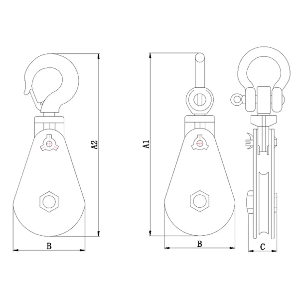 Technical drawing of a YS YH Type Heavy Duty Steel Snatch Block with front, side, and top views including dimension annotations.