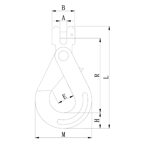 Technical drawing of a pulley system with labeled dimensions, featuring a Clevis Self Locking Hook.