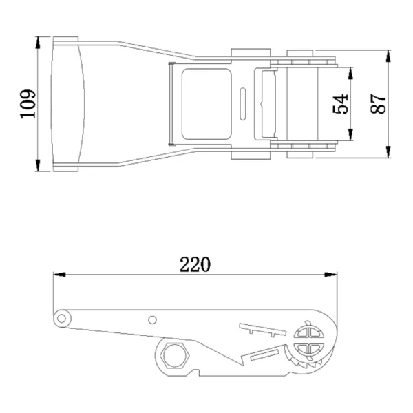 Technical drawing of a 6T Ratchet Buckle with dimension annotations.