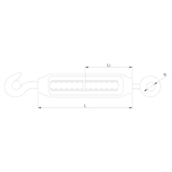 Technical drawing of a Commercial Type Malleable Eye and Hook Turnbuckle with labeled dimensions.