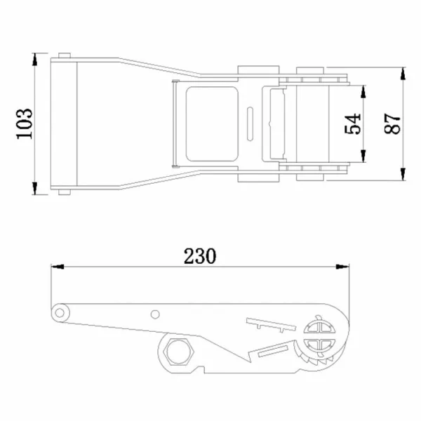 Technical drawing of a Metal Handle Ratchet Buckle, 2'', 5t, Black Coated with dimension annotations.