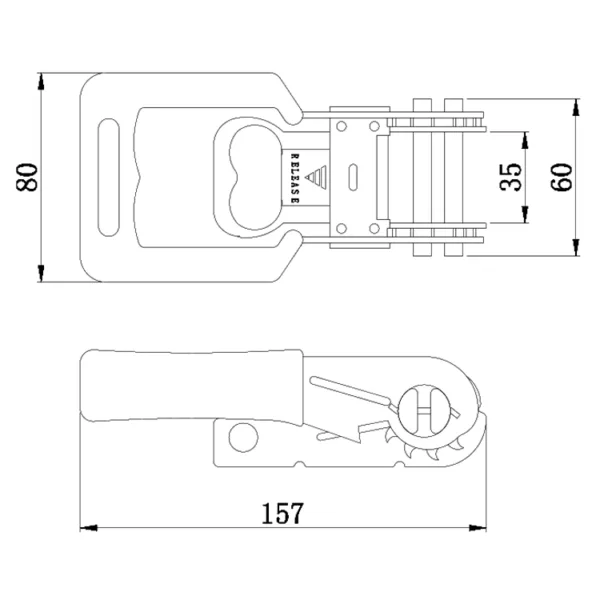 Technical drawing of a 1.5 inch Ratchet Buckle, Rubber Coated with dimension annotations.