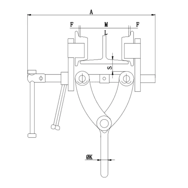 Technical drawing of a Trolley Beam Clamp, S Type, with Large Ring with labeled parts.