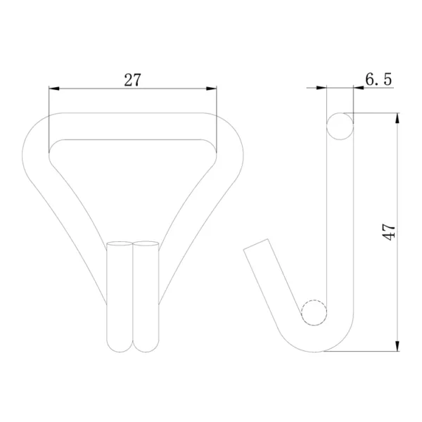 Technical drawing of a v-shaped 1'' 800kg Stainless Steel Double J Hook with dimension annotations in millimeters.