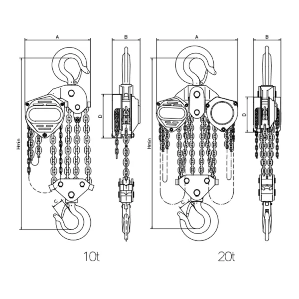 Technical illustration comparing two types of ZHC-E Manual Chain Hoists with different lifting capacities, labeled as 10 tons and 20 tons.