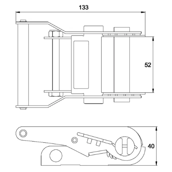 የብጁ ራትቼት ዘለበት፣ 2''፣ 2T ከልኬት ማብራሪያዎች ጋር ቴክኒካዊ ስዕል።