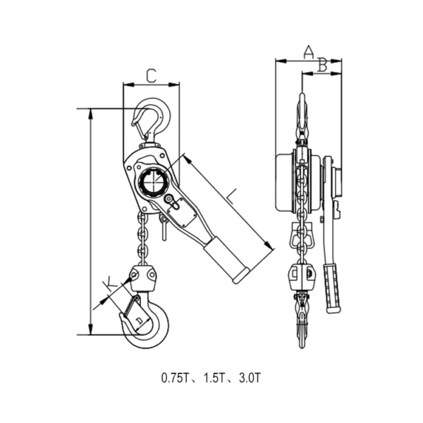 Technical illustration of various pulley and hoist mechanisms, including the ZHL-N Lever Chain Hoist for Industrial & Commercial Use, with labeled dimensions.