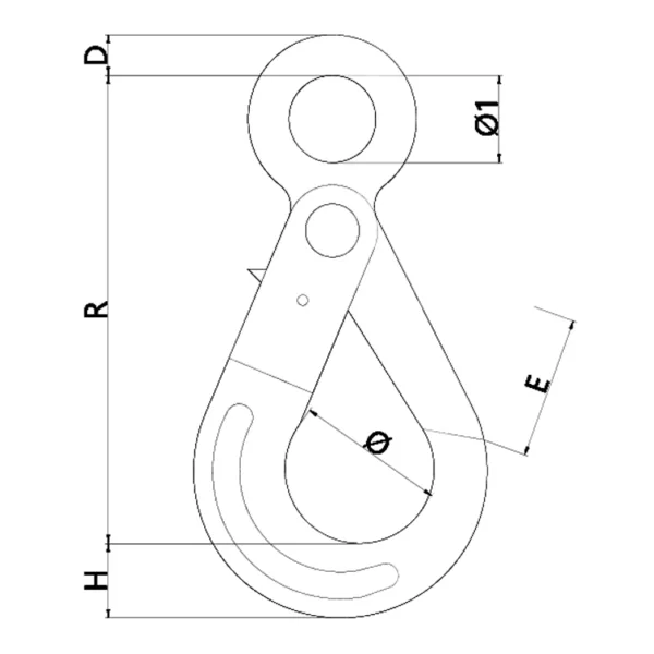 Dibujo técnico de un gancho autoblocante con ojo G80 con dimensiones y ángulos etiquetados.