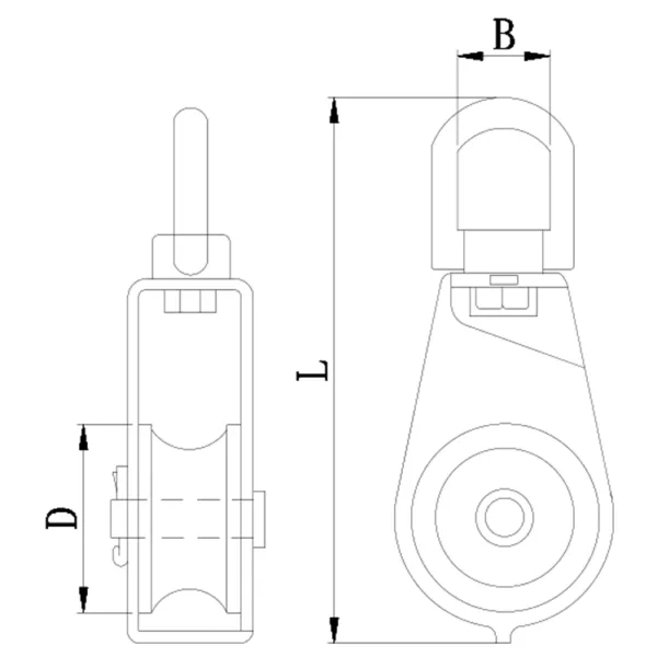 Technical drawing of a S.S. Swivel Eye Pulley Single Sheave with dimension labels b, d, and l.