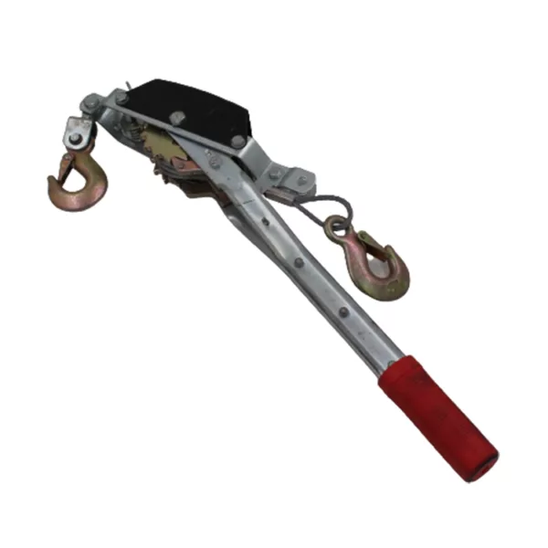 Hand Winch Puller with two hooks and red handle.