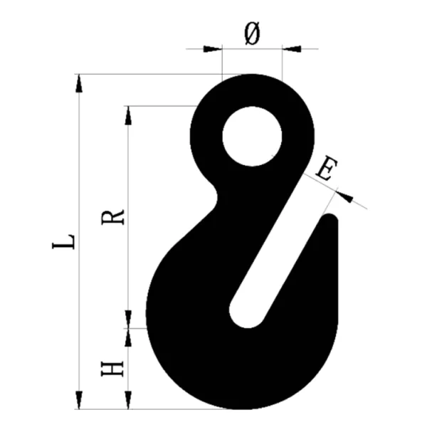 Schéma technique d'un crochet à œillet G80 avec ailes avec dimensions étiquetées comprenant le diamètre (ø), la hauteur (h), la largeur (l), le rayon (r) et l'épaisseur de l'œil (e).