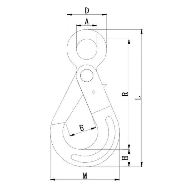 Technical drawing of a G100 European Type Eye Self-locking Hook with labeled dimensions.