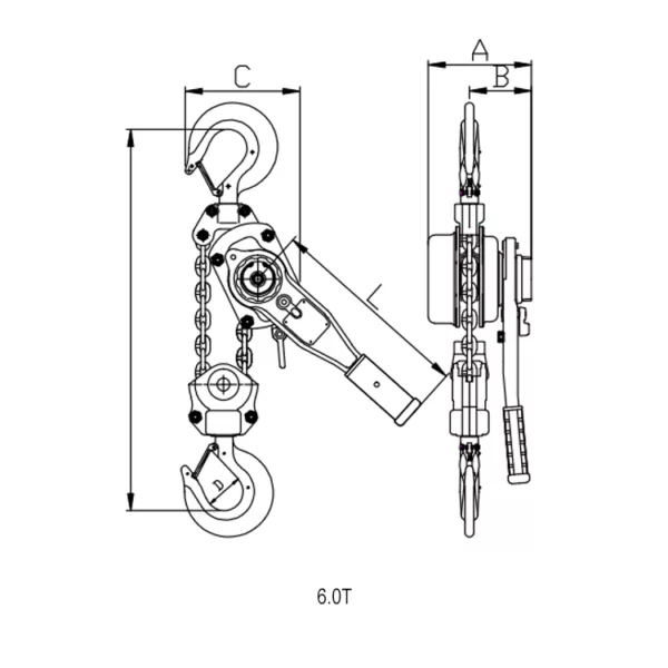 Technical drawing of the ZHL-N Lever Chain Hoist for Industrial & Commercial Use with dimensions.