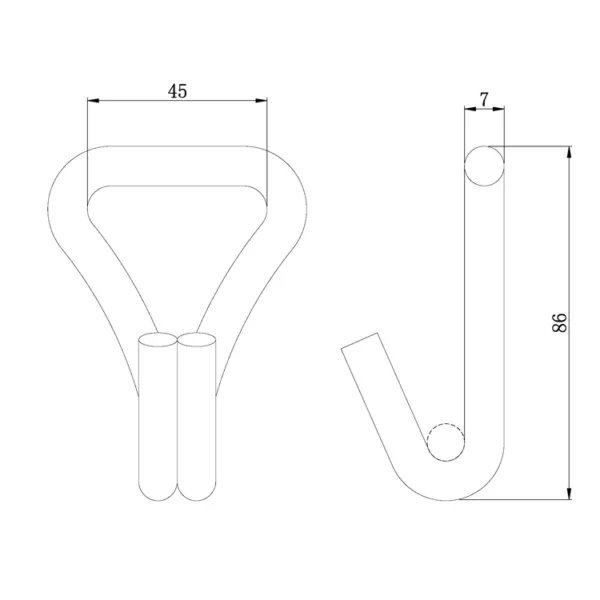 Technical drawing of a component with dimensions 45mm and 86mm indicated, including a 2'' 900kg Double J Hook.