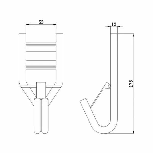 Technische Abbildung eines 2'' 5T geschweißten Doppel-J-Hakens mit Riegel und Sprosse und beschrifteten Abmessungen.