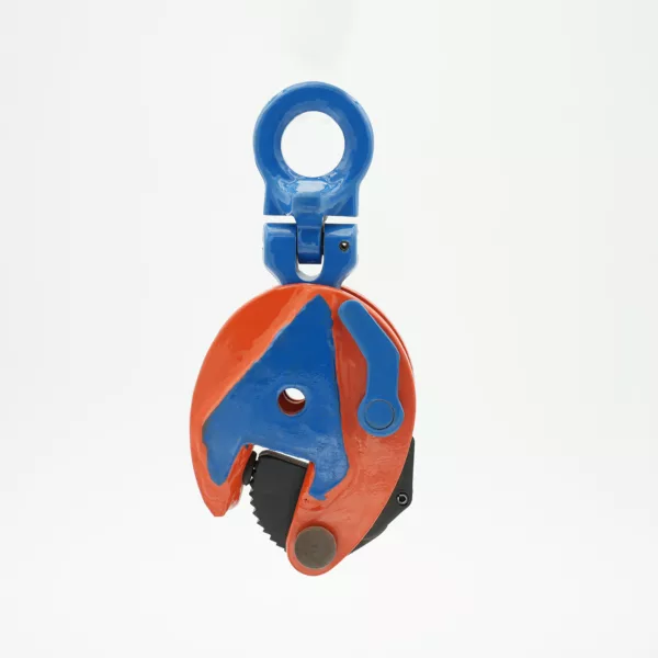 Blue and orange industrial hook with a Vertical Plate Lifting Clamp DSQ Type and locking mechanism, isolated on a white background.