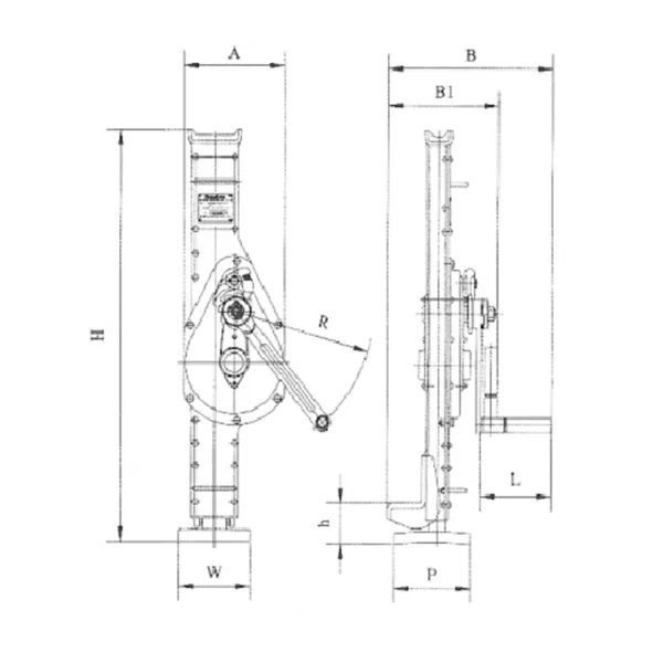 Technical drawing of a Mechanical Jack for Efficient and Safe Lifting with labeled dimensions.